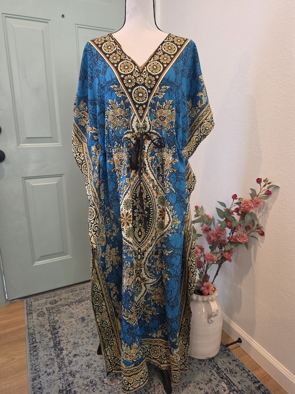 Turquoise Paisley Print Caftan with Gold Accents